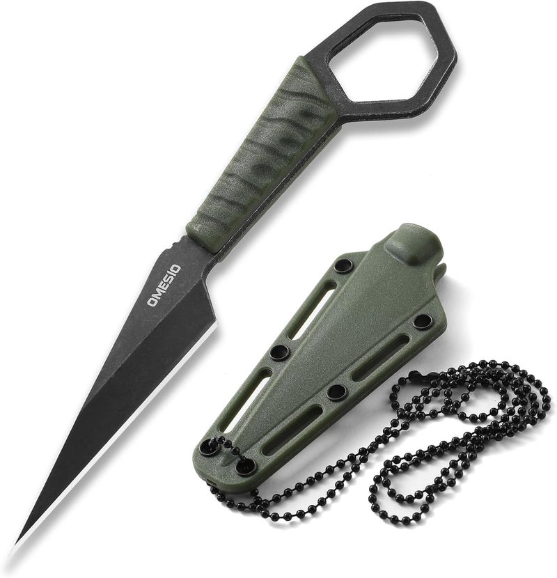 Omesio Neck Knife, Full Tang Small Fixed Blade Knife with Sheath, 6.38” Necklace Knife for Men, EDC Everyday Carry Tactical Knife Suitable for Survival Hiking Camping Outdoor (Green) - Image 1
